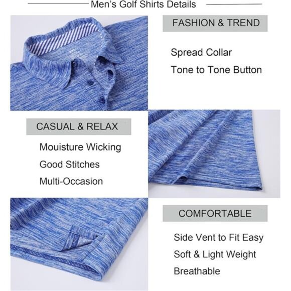 Mens Golf Shirt Moisture Wicking Quick-Dry Short Sleeve‎ Casual Polo Tshirts - Picture 4 of 5